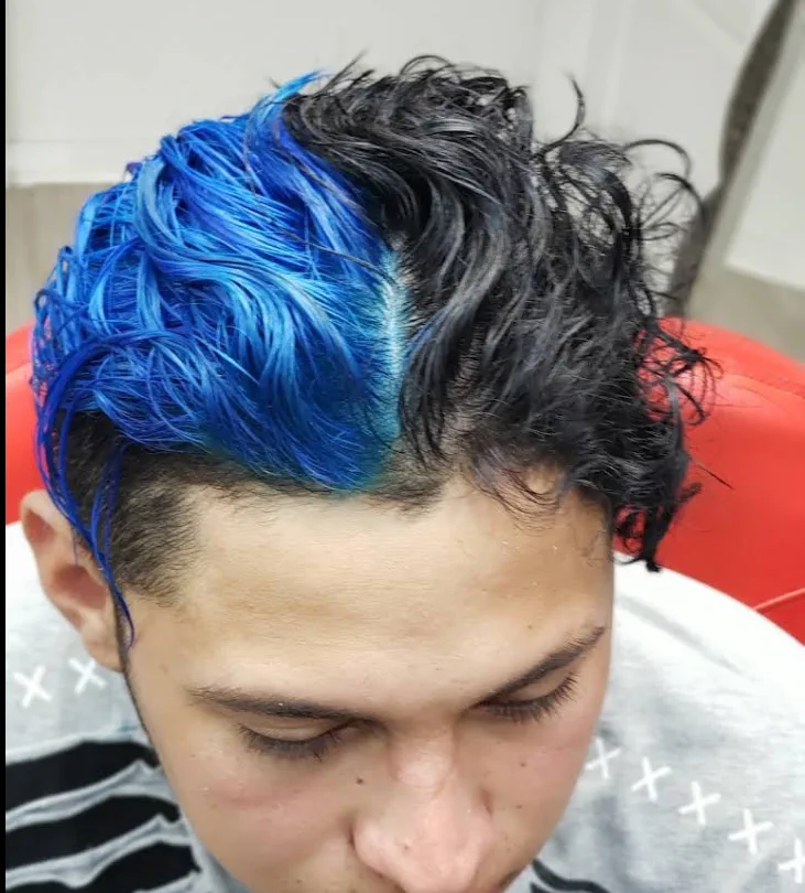 Curly top split into electric blue and natural black.
